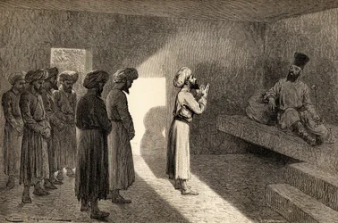 Arminio Vambery received in audience by the Khan of Khiva, Uzbekistan, Central Asia, during his travels there in 1863, illustration from 